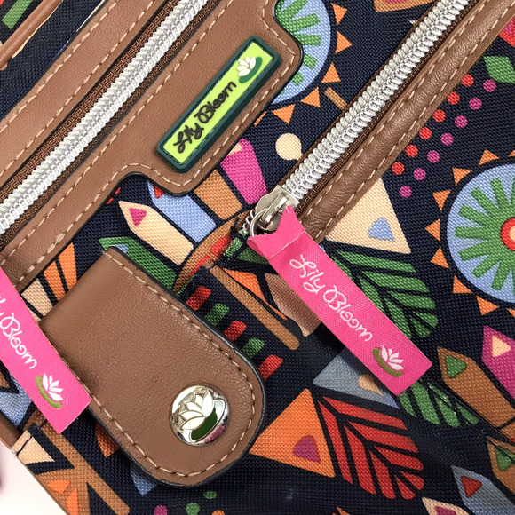 LILY BLOOM Crossbody Purse Navy Blue Floral Bird Print Pockets Zippers Nylon - Picture 3 of 13